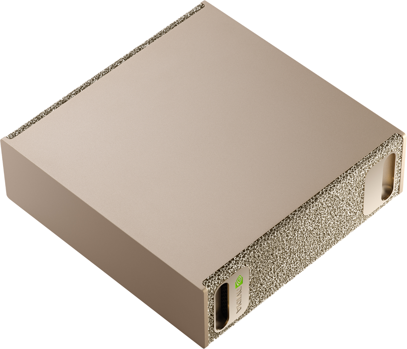 Gold NVIDIA DGX Spark desktop AI supercomputer in its horizontal form factor